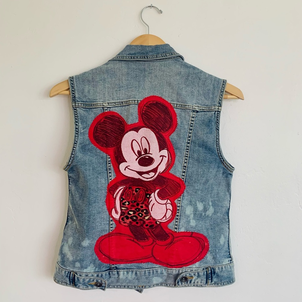 Upcyled Denim Vest w/ Cheetah and Mickey